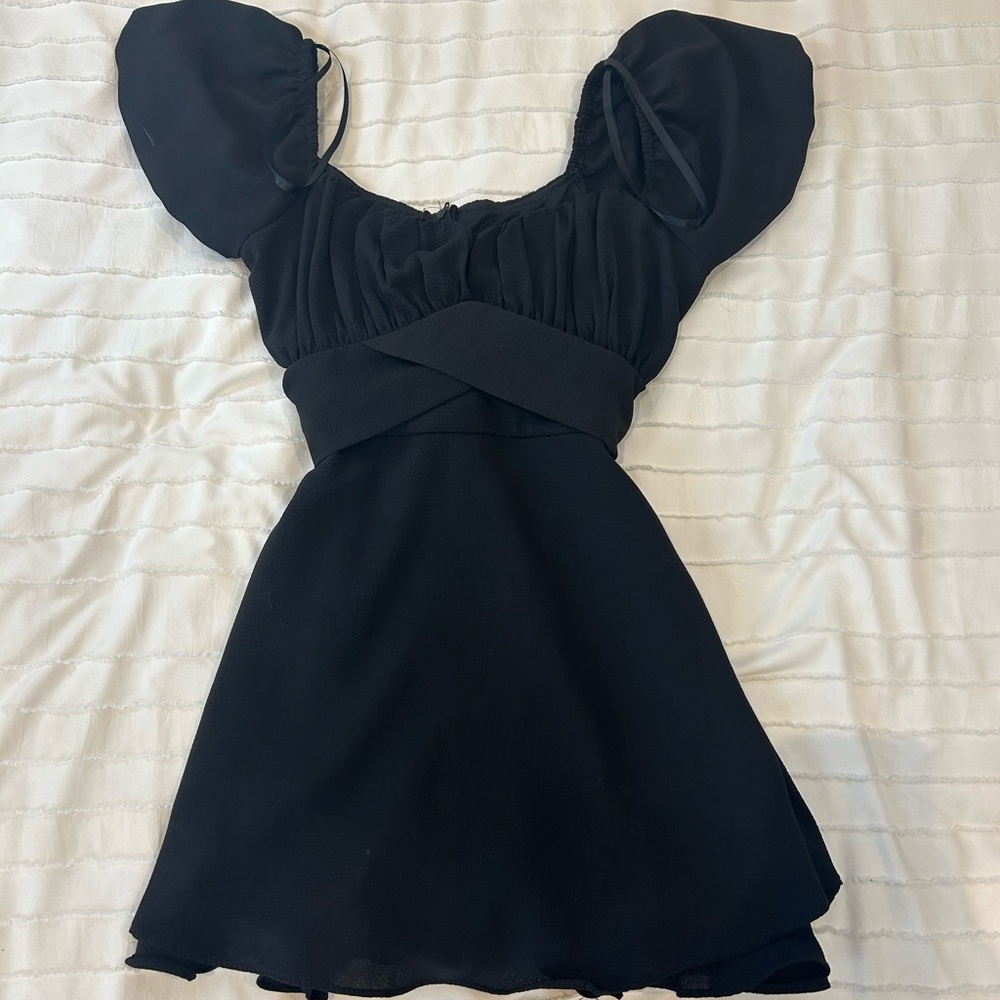 Black Ruffled Mini Dress with Puff Sleeves